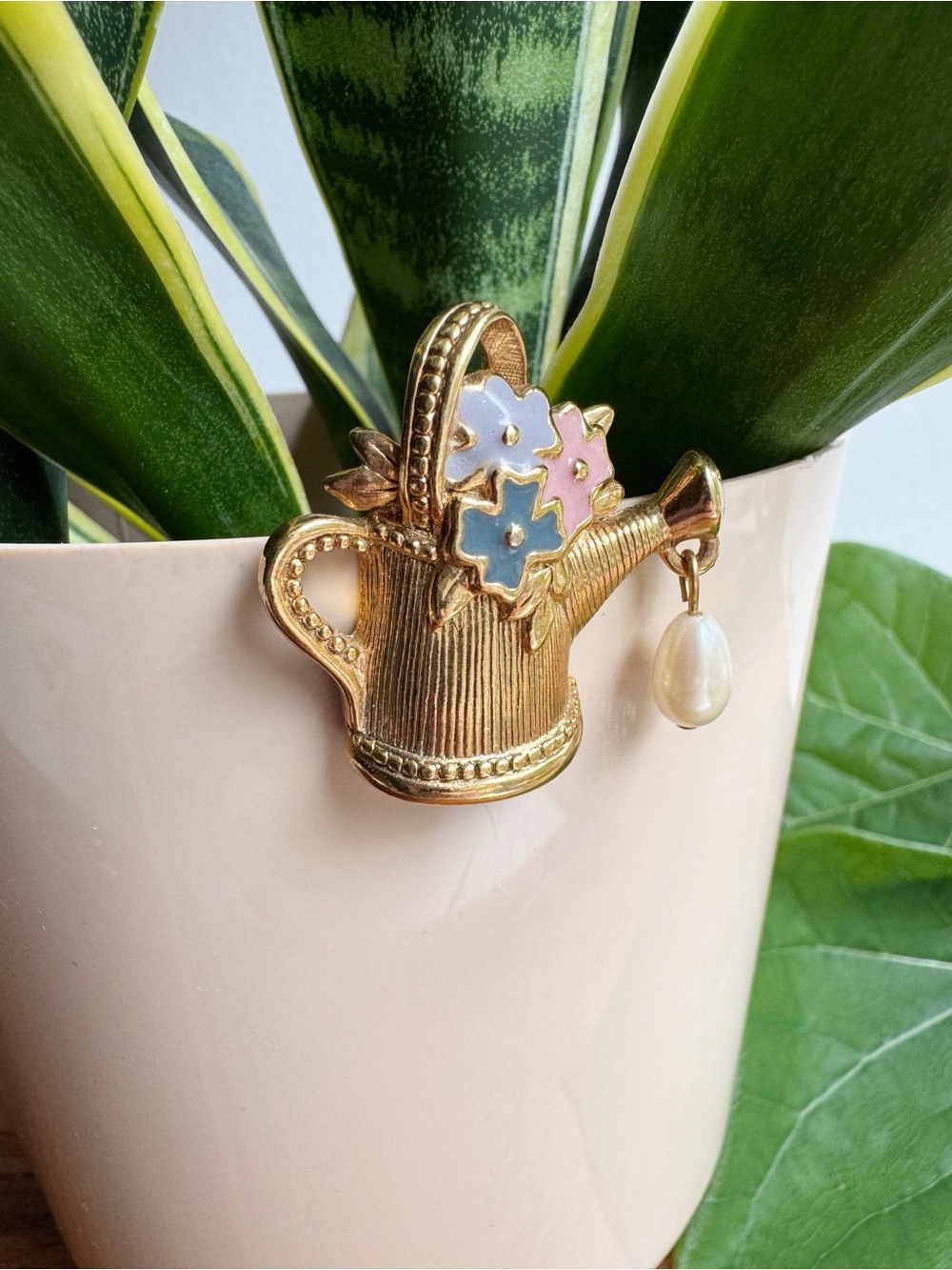 Vintage Avon Gold-Tone Enamel Floral Pearl Watering Can Brooch Pin